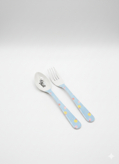Children's spoon and fork set with blue handles on a white background